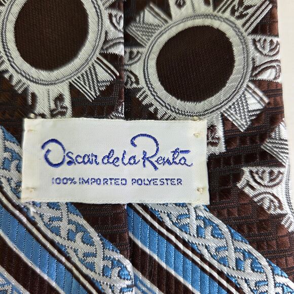 Oscar de la Renta Brown Blue Geometric Tie 4" Wide Vintage Polyester - Picture 4 of 7